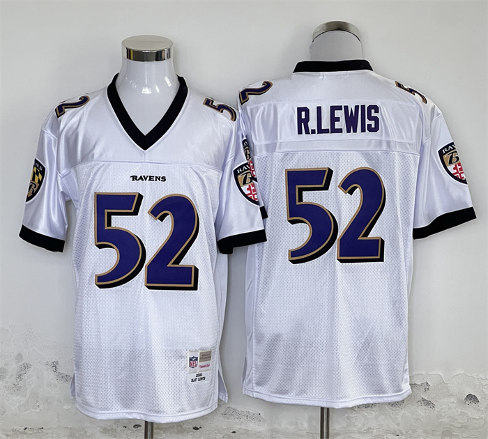 Men’s Baltimore Ravens #52 Ray Lewis White Throwback Football Jersey